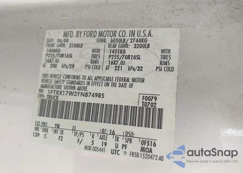 2000 Ford F-150 Lariat/Work Series/Xl/Xlt из США, поврежденный, VIN 1FTRX17W3YNB74985